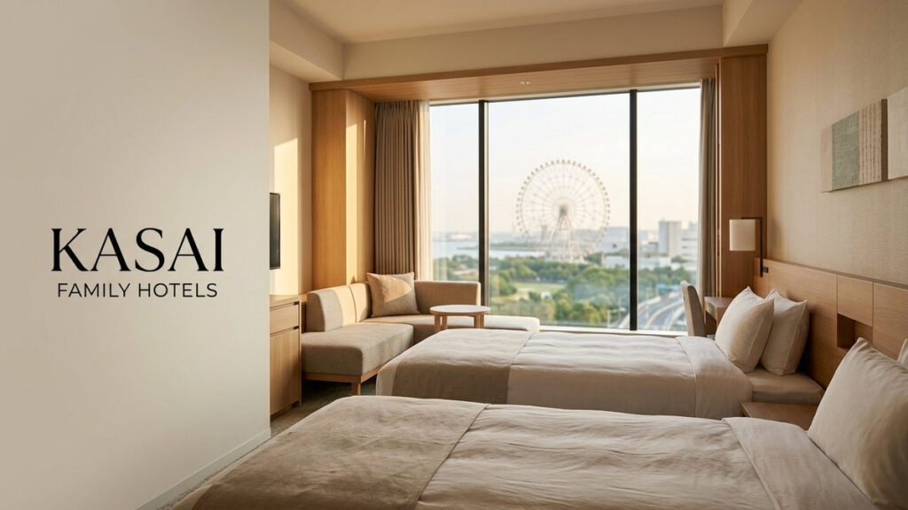 Family-friendly hotel room in Kasai with the Kasai Rinkai Park Ferris wheel visible through the window.