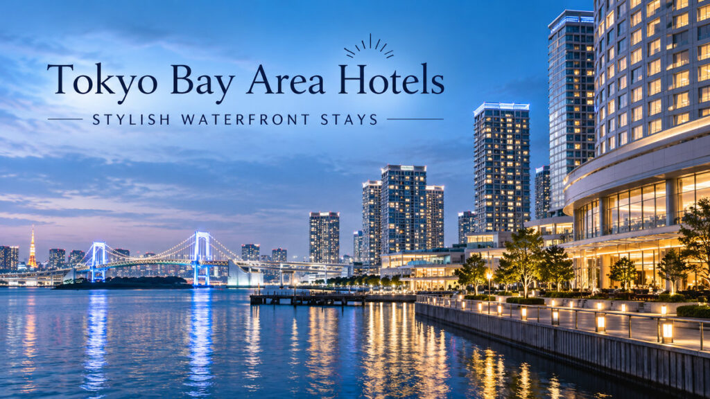 Tokyo Bay Area waterfront at dusk with modern hotels, high-rise buildings, and Rainbow Bridge in the background.